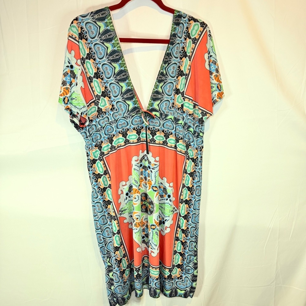 Women's Multi-Color Kaftan Tunic Dress V-Neck Short Sleeve Floral Geometric